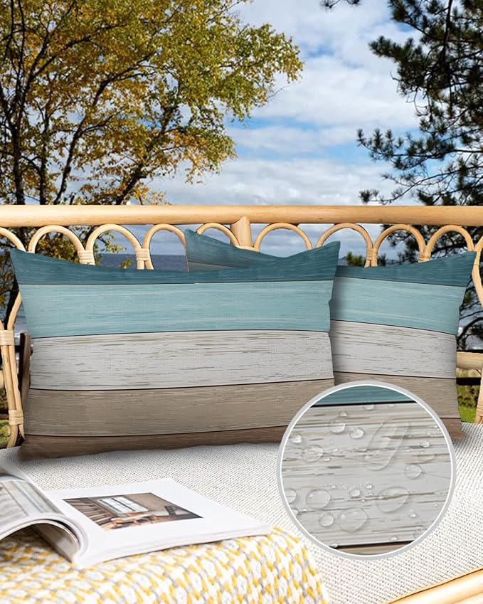 Vandarllin Outdoor Throw Pillow Covers 12X20 Set of 2 Waterproof Teal Blue Brown Decorative Zippered Cushion Covers for Patio Furniture, Farmhouse Retro Rustic Barn Wood Texture Lumbar Pillowcases