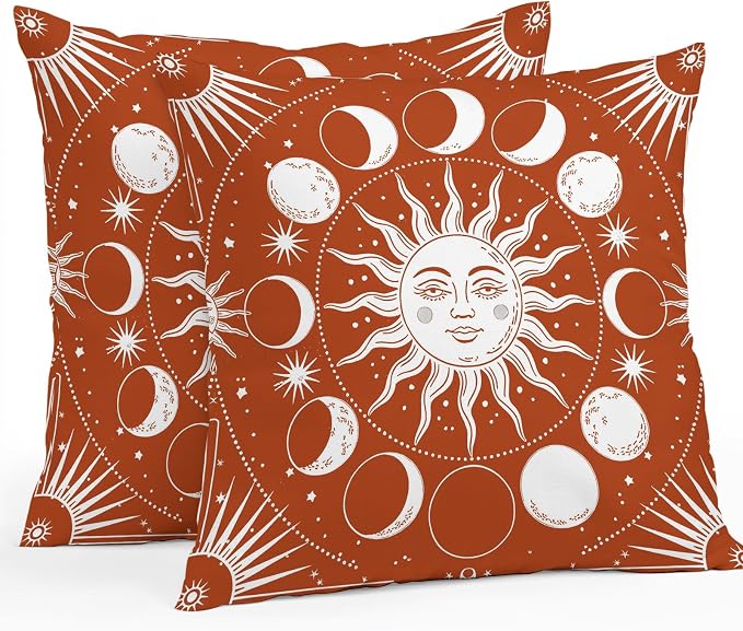 Celestial Sun and Moon Waterproof Outdoor Pillow Covers Set of 2 Home Decor, Burnt Orange Starry Galaxy Boho Lumbar Pillowcase Patio Pillow Covers for Couch Bench Patio Furniture Garden 20x20in