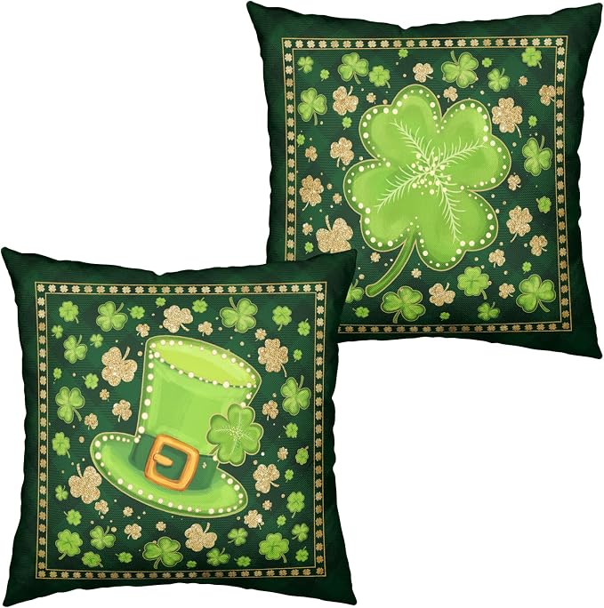 St Patricks Day Throw Pillow Covers Gold Green Lucky Shamrock Pillow Covers 18x18 Set of 2 Lucky Charm Clover Hat Outdoor Pillowcases for Spring March Holiday Home Decor