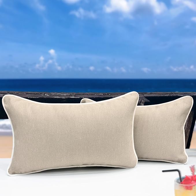 HER HWA Outdoor Lumbar Pillow Covers White Piping 20"x12" Set of 2, Khaki | durable fade-resistant water-resistant 100% polyester white piping smooth zipper machine washable for indoor outdoor décor