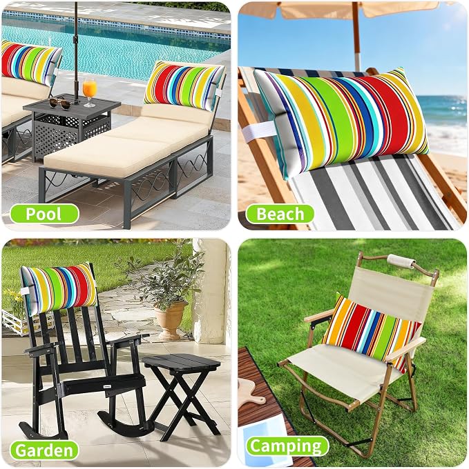 Outdoor Pillows for Lounge Chair Head Resting 2 Pack Waterproof | Headrest Lumbar Pillows with Adjustable Strap for Recliner Beach Pool Lounger Chair, Rainbow Stripes