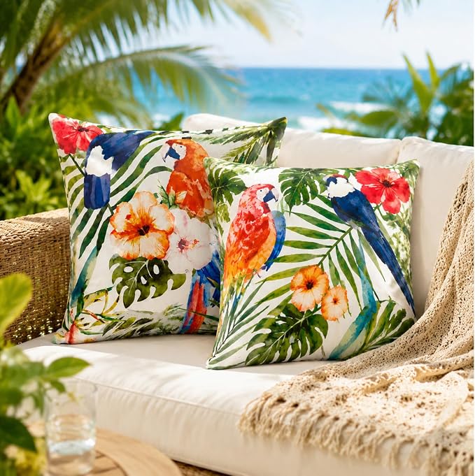 2pcs Outdoor Decor Pillows, Insert and Cover, Waterproof & Fade-Resistant Patio Couch Cushions for Garden, Porch, Poolside Sofa (Tropical Parrot, 18x18in)