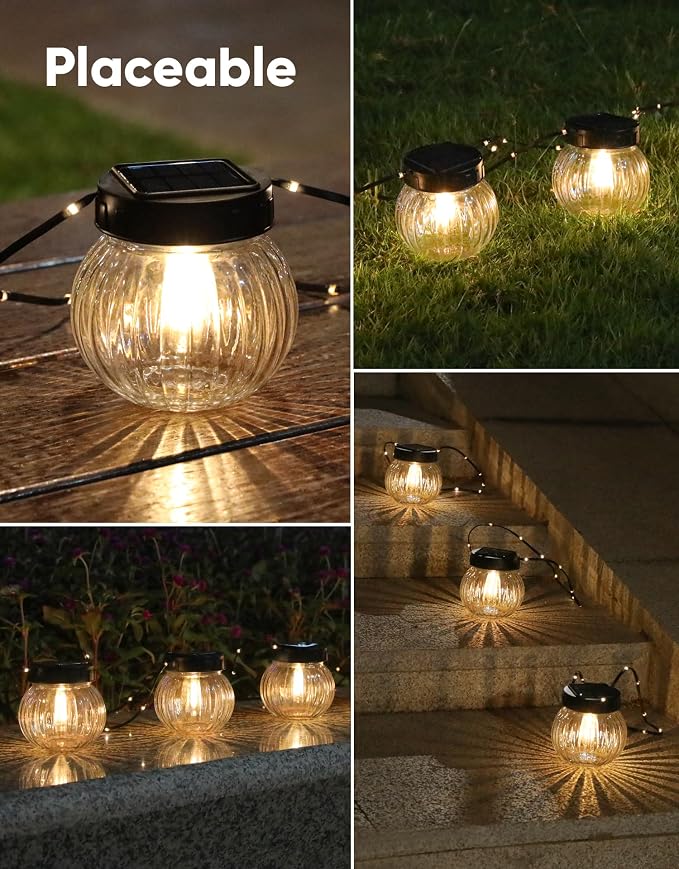 Solar Lights Outdoor Waterproof 12-Pack, Solar Powered Hanging Lantern Ribbed Glass Hanging Globes for Yard Decor Christmas Decoration, Shepherd Hook, Garden Tree Ornaments, Clear