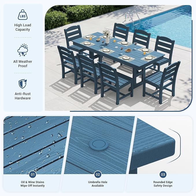 KINGYES Outdoor Armless Dining Chairs Set of 2,All-Weather HDPE Patio Chairs for Backyard,Pooside,Blue
