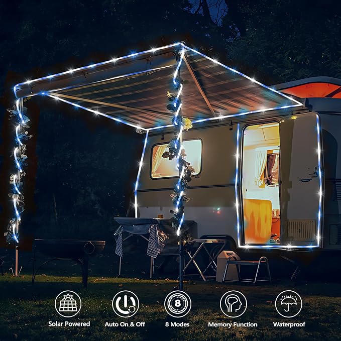 Solar Rope Lights, 2 Packs Total 132ft 400LED Solar String Lights, 8 Modes Waterproof Solar Outdoor Light, Flexible Clear Trampoline Light for Garden Backyard Patio Deck Pool Tree Decor - White & Blue