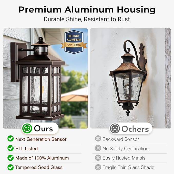 Outside Lights for House with Motion Sensor, ORB Exterior Lighting Fixtures, Dusk to Dawn Outdoor Wall Lights Lantern, Outside Light Fixture Sconce for Patio, Garage, Waterproof Anti-Rust