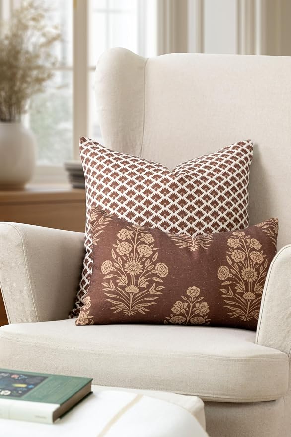 Modern Farmhouse California Casual Indoor Outdoor Throw Pillow Cover, 20"x20" Water Repellent for Patio, Backyard, Couch, Poolside, Cocoa Brown Print Ravenala Palm Tree