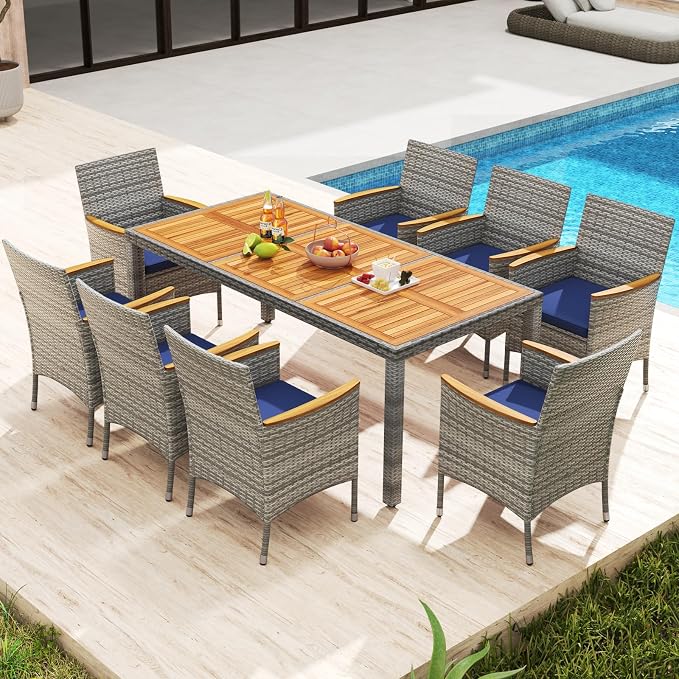 HAPPYGRILL 9 Pieces Patio Dining Set for 8, Outdoor Acacia Wood Table and Rattan Chairs with 2" Umbrella Hole, Cushions, Wicker Outdoor Dining Furniture Set for Backyard, Garden, Deck (Navy)