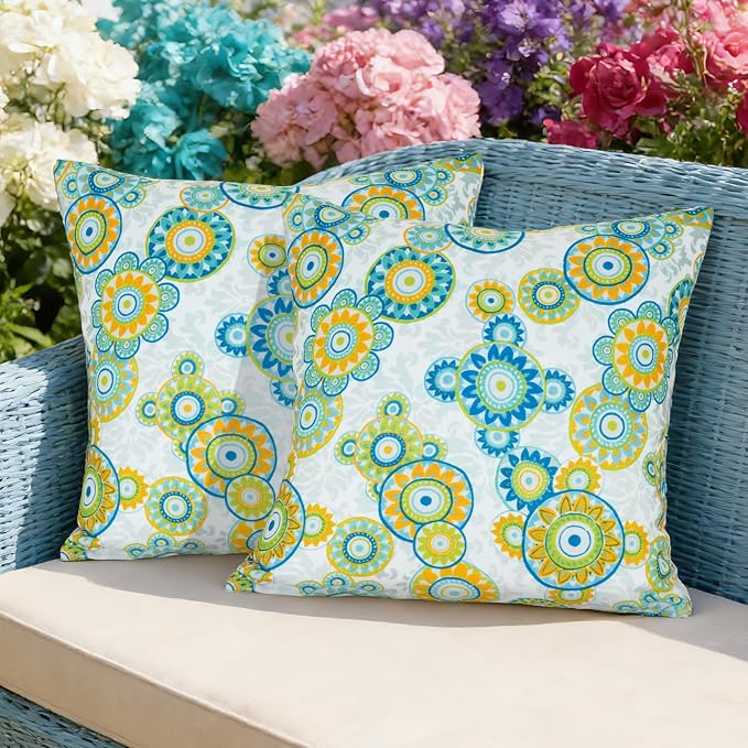 Eternal Beauty 18X18'' Set of 2 Waterproof Outdoor Pillow Covers for Spring Summer Patio Throw Pillows, Boho Floral, 18X18 inches
