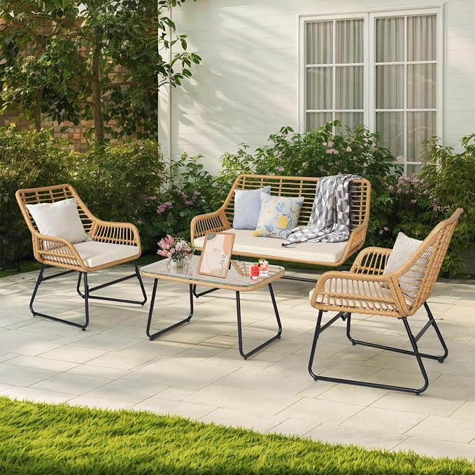 4 Piece Outdoor Wicker Patio Conversation Bistro Set, Rattan Patio Furniture Set with Table and Cushions, Conversation Loveseat Chairs for Backyard, Balcony, Beige