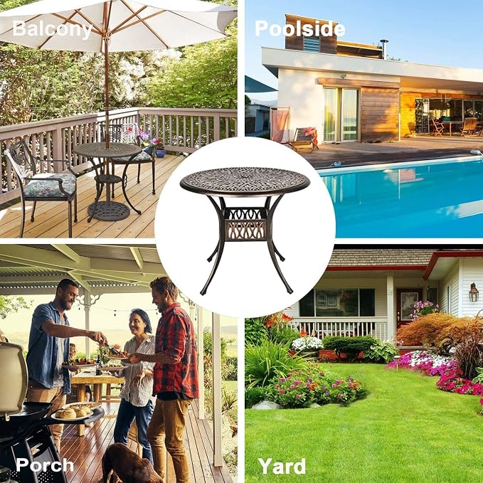Grepatio 35.4" Patio Dining Table, Cast Aluminum Bistro Table with Umbrella Hole Outdoor Round Conversation Table, Antique Bronze