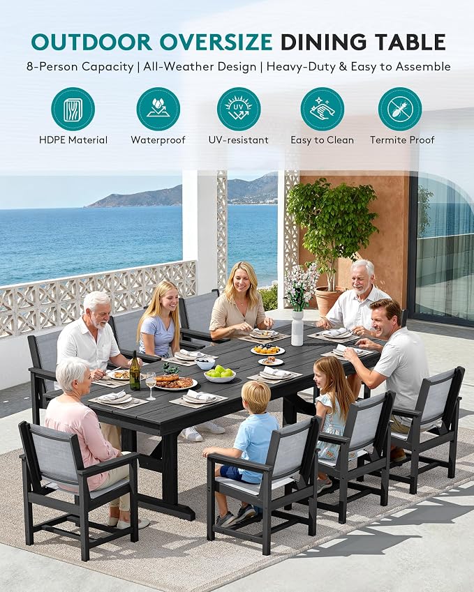 SERWALL 10 Piece Outdoor Dining Set with 15ft Triple-Head Foldable Umbrella(Based not Included), 84" HDPE Outdoor Large Table and Textilene Sling Chairs for 8, Black