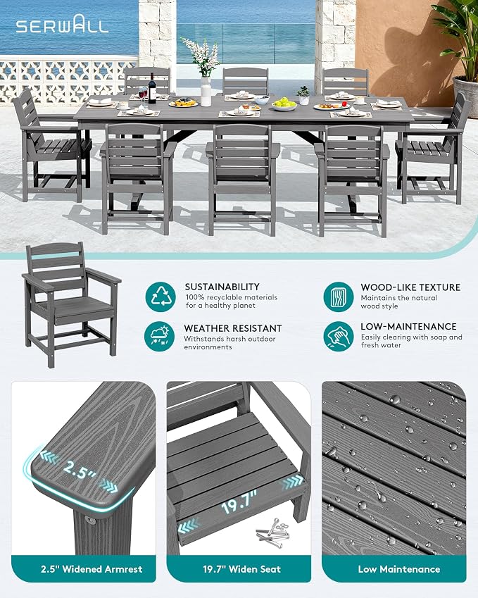 SERWALL Outdoor Dining Chairs Set of 2, All-Weather HDPE Patio Chair with 19.7" Widened Seat, for Backyard, Garden, Gray