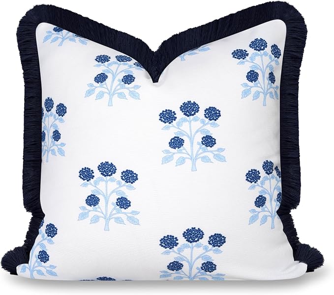 Hofdeco Premium Coastal Hampton Patio Indoor Outdoor Throw Pillow Cover Only, 20"x20" Water Repellent for Backyard, Couch, Poolside, Navy Blue Print Hydrangea Flowers