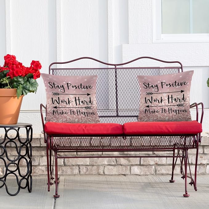 Swono Quote Set of 2 Square 18x18 Inch Throw Pillow Cover Stay Positive Work Hard Make It Happen Soft Pillowcases Arrow Cushion Covers for Home Sofa Couch Garden Bench Living Room Car Glitter Pink