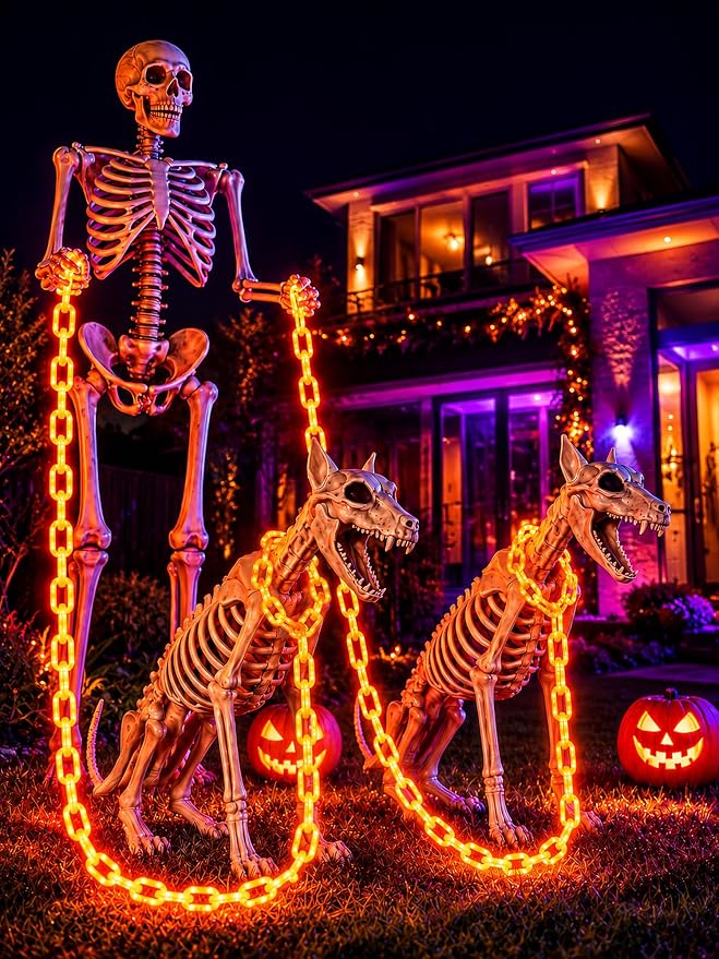 Battery Halloween Chain Lights, 10 FT 160 LED Orange Light-Up Plastic Timer | 8 Modes Battery Operated with Memory for Skeleton Dog, Yard Skeleton, Haunted House and Outdoor Decor Halloween Decorations