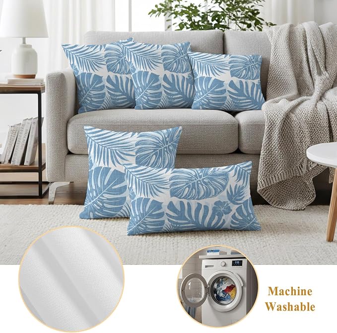Coastal Blue Palm Leaves Outdoor Pillow Covers 18"x18" Set of 2, Tropical Botanical Minimalist Modern Waterproof Throw Pillow Covers for Patio Furniture, Decorative Cushion Covers for Porch