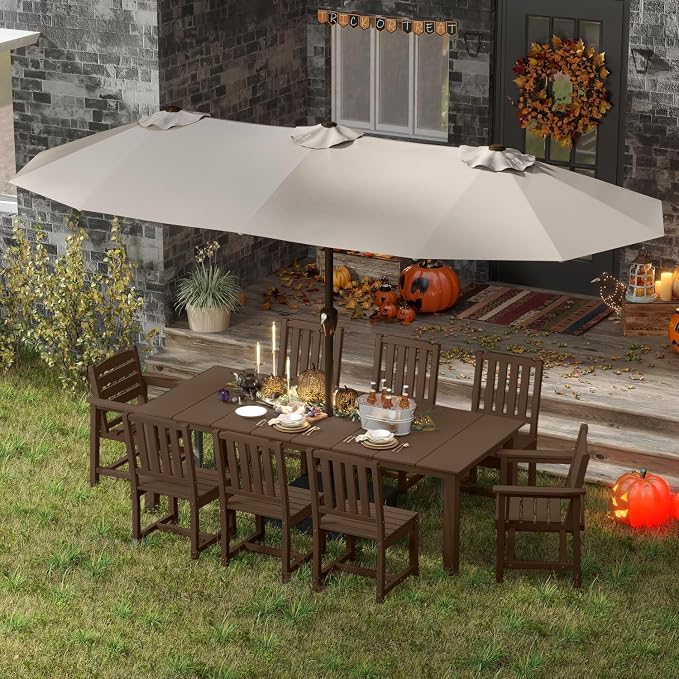 HDPE 9-Piece Outdoor Dining Set with 15FT Umbrella, Brown | All-Weather Patio Table and Chairs, Fade-Resistant Patio Furniture Dining Set for Lawn, Garden, Deck, Backyard, Poolside
