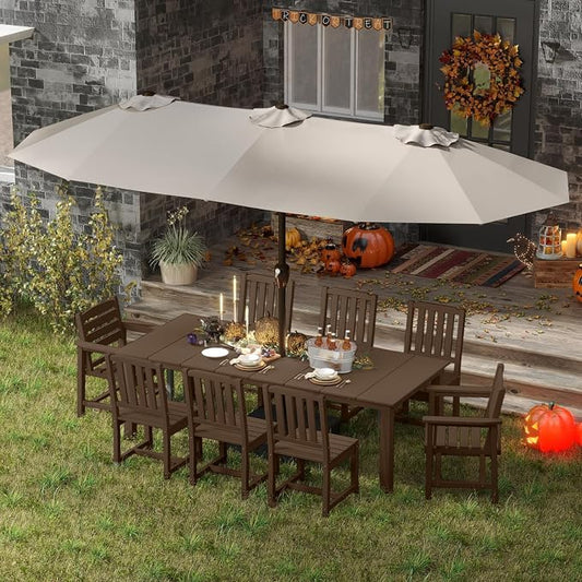 HDPE 9-Piece Outdoor Dining Set with 15FT Umbrella, Brown | All-Weather Patio Table and Chairs, Fade-Resistant Patio Furniture Dining Set for Lawn, Garden, Deck, Backyard, Poolside