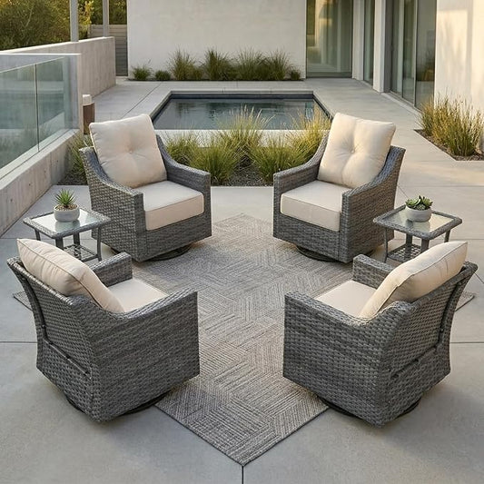 6 Piece Patio Furniture Set, Grey Wicker Outdoor Conversation Set with 4 Swivel Rocker Chairs and 2 Side Tables, 6-Inch Thick Cushions, Beige Olefin Covers for Patio, Porch, Deck