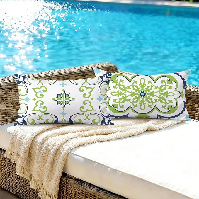 NIGHTWISH Outdoor Waterproof Pillow Covers 12x20 Set of 4 Green Boho Decorative Outdoor Throw Pillows Floral Cushion Cases for Patio Furniture Bench Couch Sunbrella