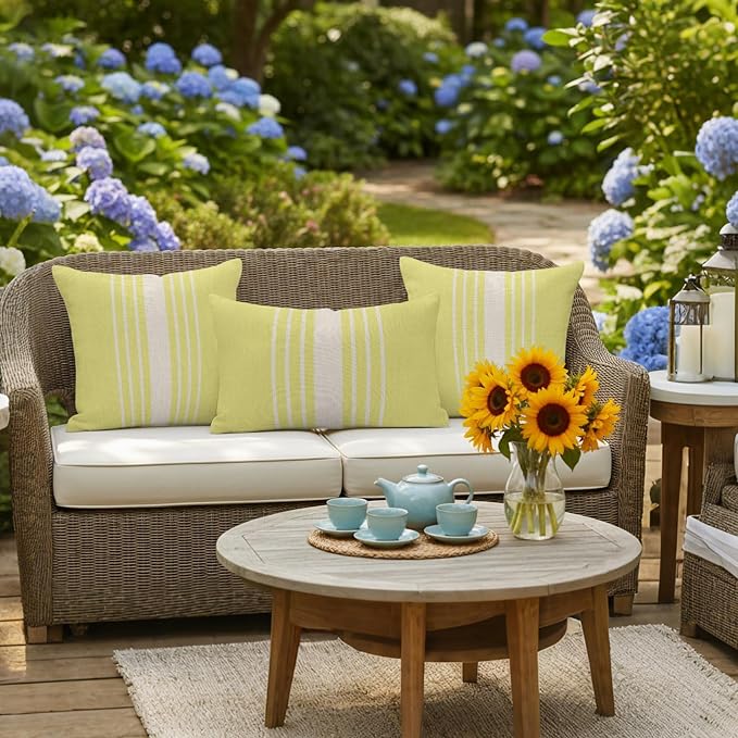 Yellow Beige Striped Outdoor Pillow Covers 16x16 Inch Throw Pillow Covers Set of 2 Waterproof Decorative Pillow Cases Modern Farmhouse Retro Lines Cushion Covers for Patio Furniture Garden Couch Sofa