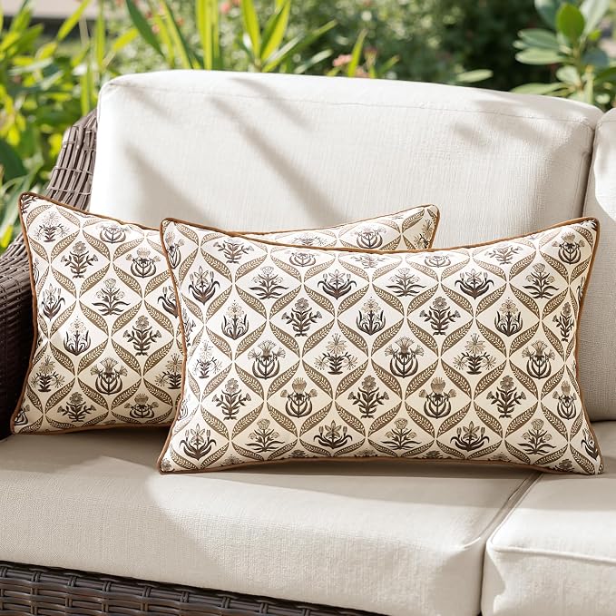 ANRODUO Floral Outdoor Waterproof Pillow Covers Set of 2 Brown 12x20 Inch | Lumbar Block Print Decorative Cushion Cases With Refined Edge Piping for Summer Patio Porch Garden Couch Sofa Bench Decor