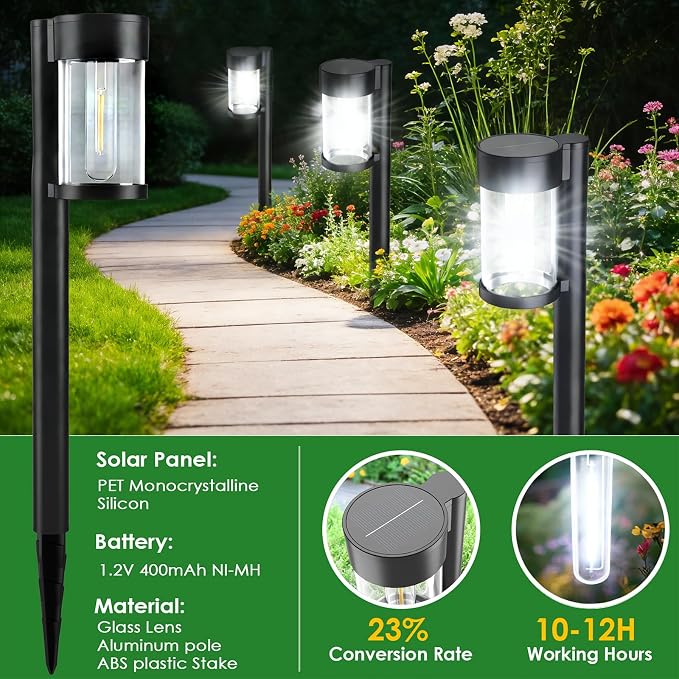 Mancra Solar Pathway Lights Outdoor, 10 Pack Metal & Glass Solar Lights Outdoor Waterproof Landscape Path Lights, Cool White