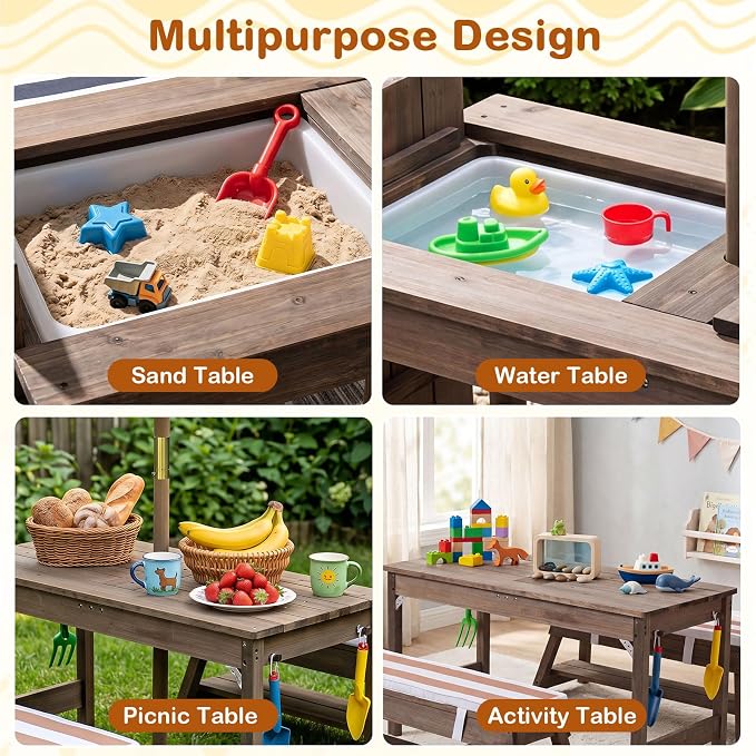 HONEY JOY Kids Picnic Table, 4 in 1 Fir Wood Toddler Sand & Water Table w/Removable Box & Umbrella, Waterproof Cover, Garden Tools, Children Outdoor Table and Bench Set with Cushions (Coffee)