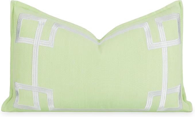 Hofdeco Premium Coastal Hampton Outdoor Performance Lumbar Pillow Cover Only, 12"x20" Water Repellent, UV and Fade Resistant for Backyard, Couch, Poolside, Grass Green Embroidered Frame Greek Key