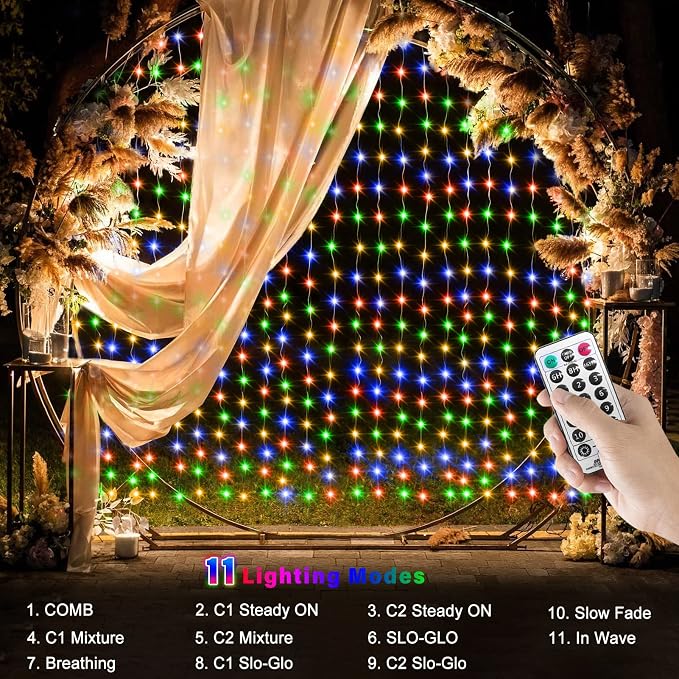 echosari 20Ft x 10Ft Large Curtain Lights Plug in Warm White & Multicolor | 600 LED Dual Color Changing Outdoor Curtain Lights Waterproof Connectable with Remote for Wedding Backdrop Yard Decor