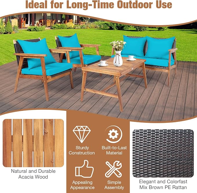 HAPPYGRILL 4-Piece Outdoor Rattan Sofa Set Acacia Wood Frame Conversation Set with Coffee Table, Sectional Furniture Set with Cushions for Backyard Porch Garden Poolside Balcony