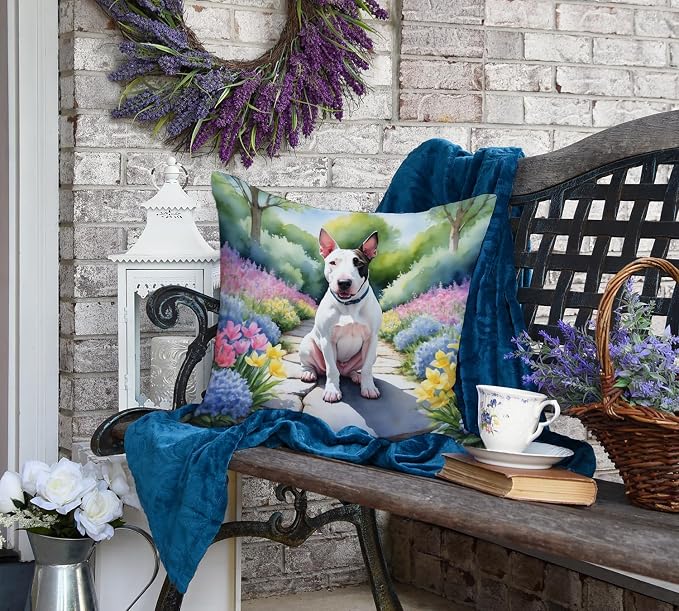 Caroline's Treasures English Bull Terrier Spring Path Throw Pillow Machine Washable, Indoor Outdoor Decorative Pillow for Couch, Bed or Patio, 18Hx18W