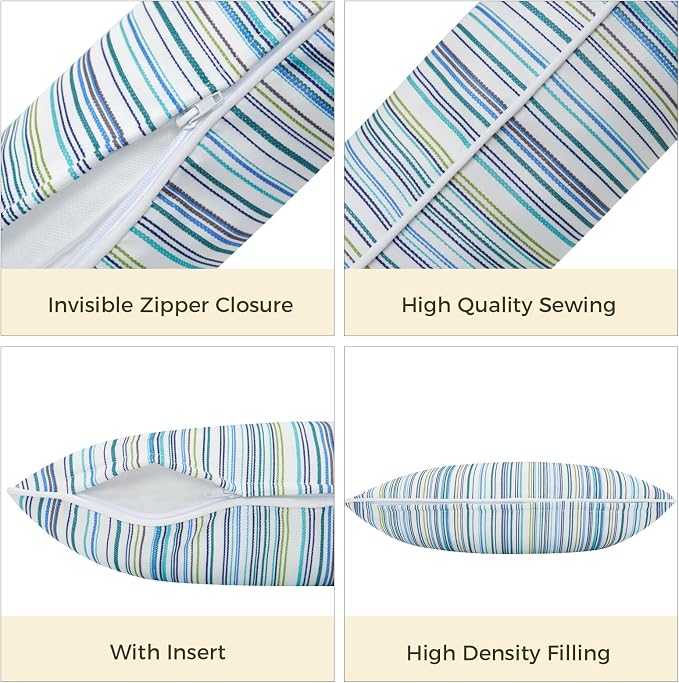 FUNHOME Outdoor Lumbar Pillows 12x20 inch,Decorative Throw Pillow Set of 2 with Insert,Water Resistant Headrests for Patio Furniture Sofa Couch Chair(Blue Stripe)
