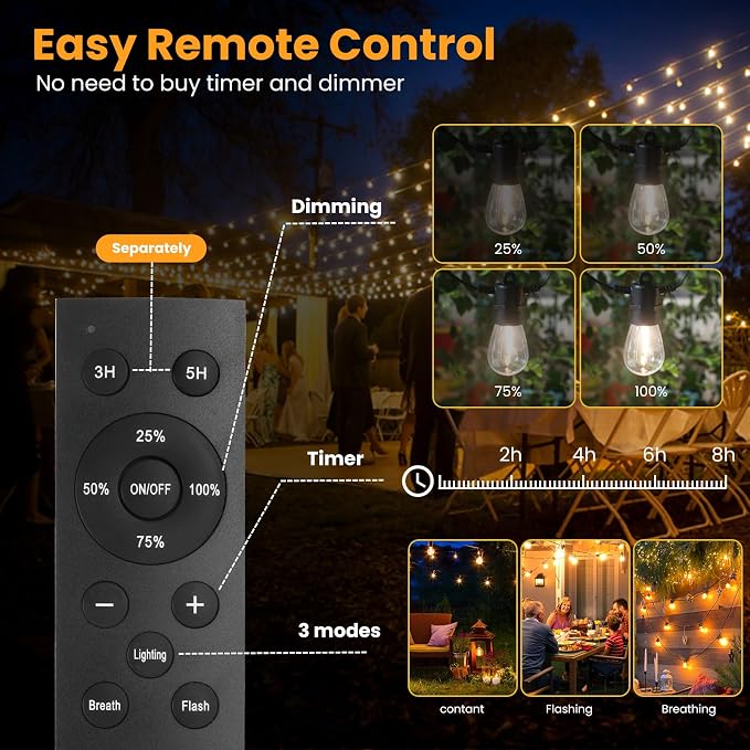 Yusist 104FT(98+6) Solar String Lights Outdoor Waterproof, Solar Powered Patio Light with 30+2 Dimmable S14 Edison Bulbs Shatterproof & Remote Control, Solar String Lights for Outside Garden Backyard