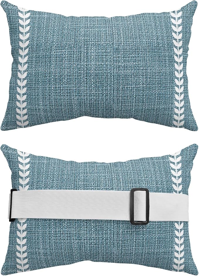 Modern Minimlist Outdoor Lumbar Pillows 12x20 Set of 2, Country Simple Vertical Leaf Pattern Blue Waterproof Throw Pillow Covers with Insert, Decorative Support Pillows for Lounge, Chaise