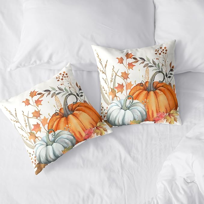 Orange Blue Pumpkin Pillow Covers Fall Maple Leaves Throw Pillow Covers Autumn Thanksgiving Decorative Cushion Case 18x18 for Farmhouse Living Room Couch Patio Set of 2