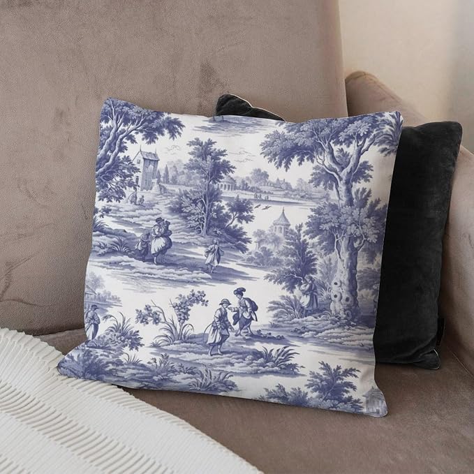 Navy White Blue Decorative Toile Print Pillow Cover French Charmed Life Toile Throw Pillow Cover Abstract Farmhouse Decor Pillow for Patio Garden Couch Tent 26x26 in