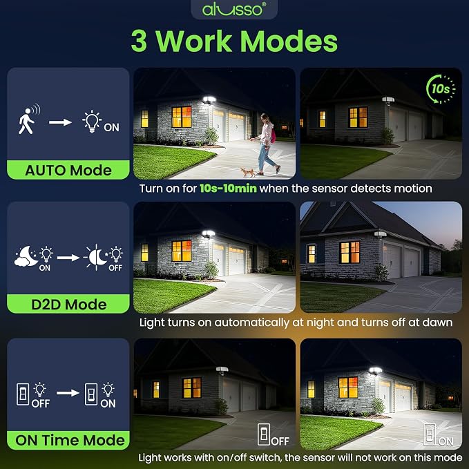 ALUSSO Motion Sensor Outdoor Lights Hardwired(Not Solar),Flood Lights Outdoor 120V, Dusk to Dawn/Auto/On Time, 3CCT 3000K/4000K/6500K Security Light,ETL,3 Modes Metal Black 60W 6000LM