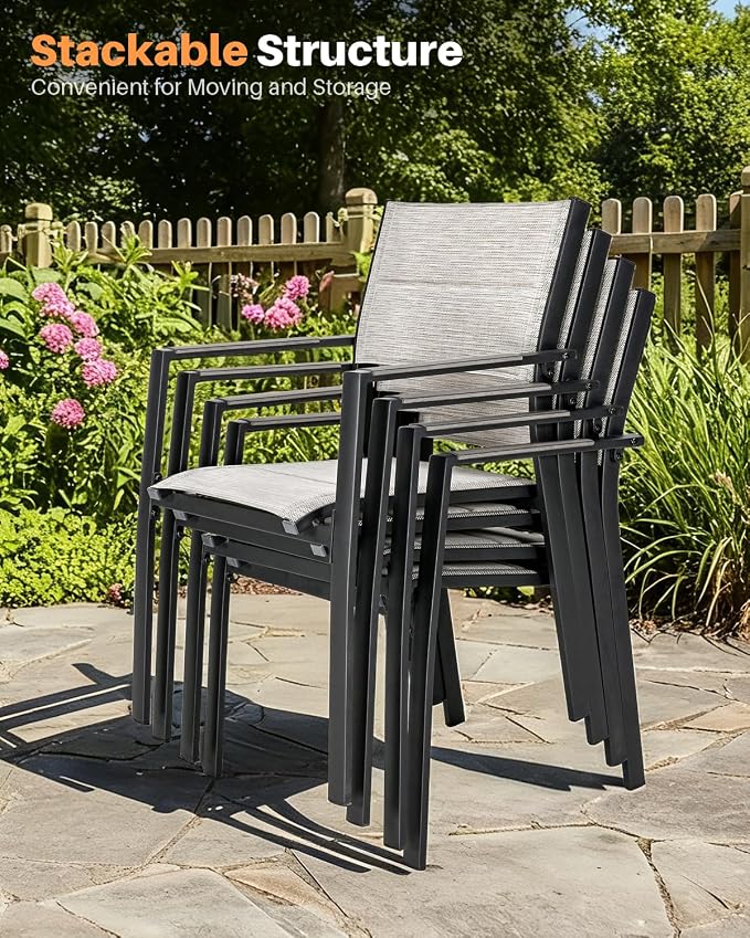 4 Pieces Outdoor Stackable Dining Chairs, Never-Rust Aluminum Stackable Patio Chairs, Patio Dining Chair Set of 4 with Double-Layer Thickened Textilene for Deck, Garden, Poolside, Limed Oak