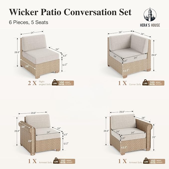 HERA'S HOUSE 7 Piece Patio Furniture Set, Outdoor Sectional Wicker Sofa with Fire Pit Table, 5.5" Thick Waterproof Cushion All Weather 5 Seats Modular Conversation Set for Garden Deck Backyard