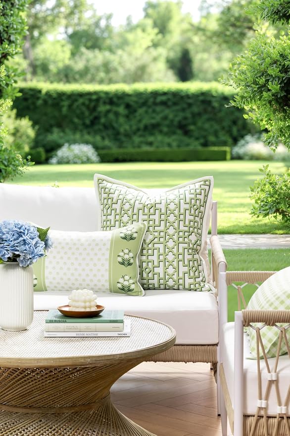 Hofdeco Premium Grandmillennial Coastal Hampton Patio Indoor Outdoor Lumbar Pillow Cover Only, 12"x20" Water Repellent for Backyard, Couch, Poolside, Green Print Block Print Striped Lily of the Valley
