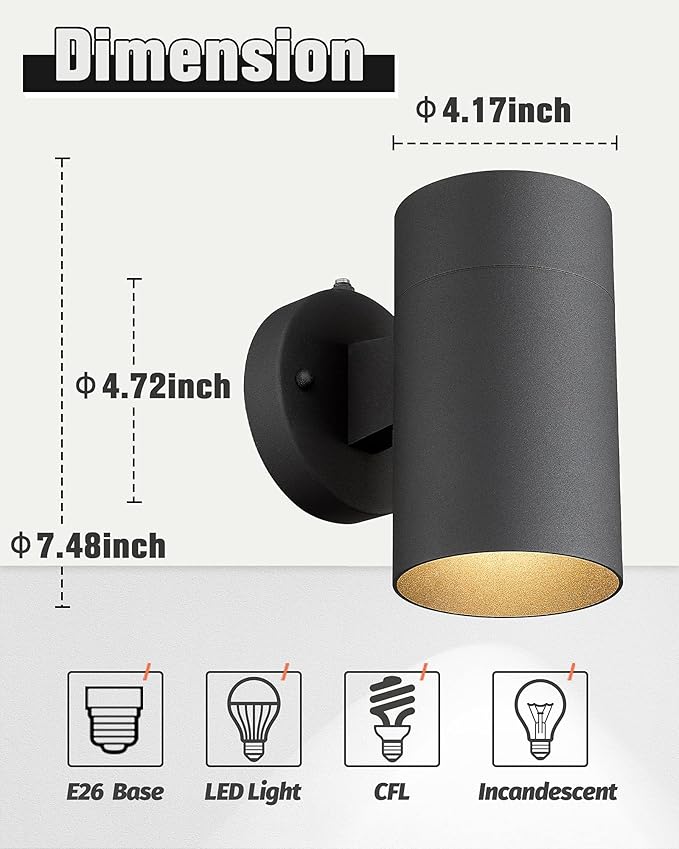 Ken & Ricky Dusk to Dawn Outdoor Wall Sconce Lights,Cylinder，Black ，1 PK | With Photocell Sensor,No Glare Exterior Lighting Fixtures,Outside Wall Light For House Front Porch Garage Patio Entryway