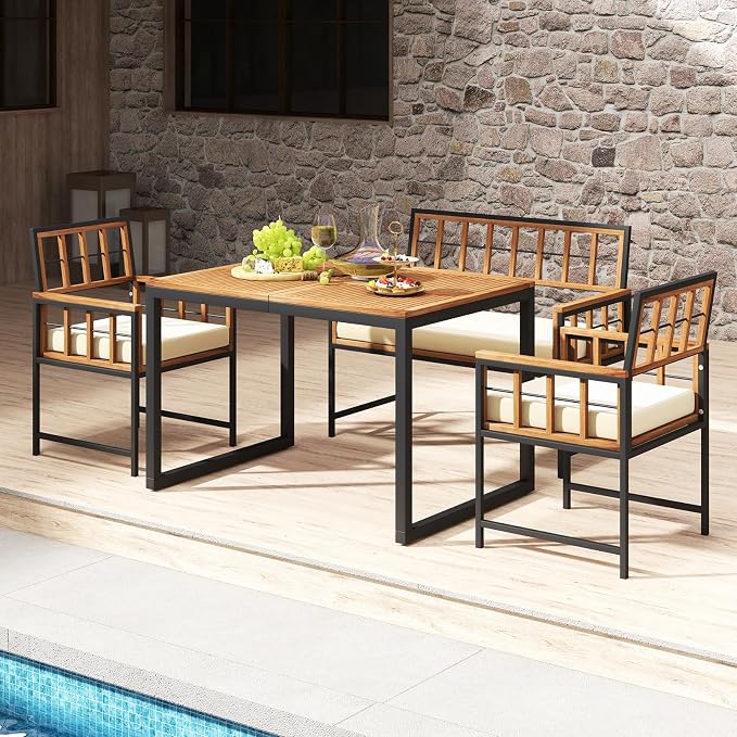 HAPPYGRILL 4 Pieces Wood Patio Dining Set with 1 Table, 1 Loveseat and 2 Armchairs, Outdoor Table and Chairs with 1.96" Umbrella Hole and Comfortable Cushions for Backyard, Deck and Poolside