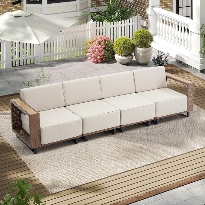 Bonzy Home Patio 4 Seater Couch, Outdoor Sectional Sofa with Widened Armrest and Extra-Thick Soft Cushions, Modular Outdoor Sectional Sofa for Porch, Garden Poolside Balcony