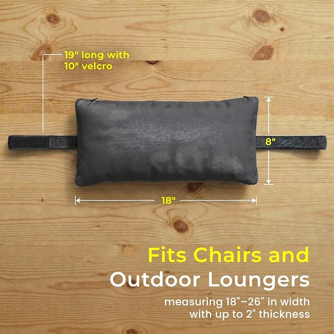 Sunbrella Headrest/Lumbar Pillow with Velcro Strap for Lounge, Charcoal | Outdoor Pillow for Chaise Loungers, Pool Chairs & Patio Furniture, 18" x 8" x 3"