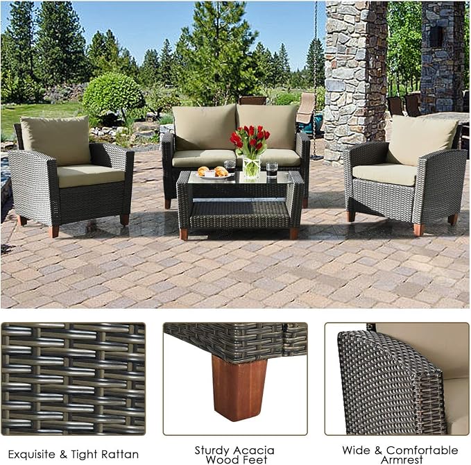 HAPPYGRILL 4 Pieces Patio Conversation Set Outdoor Rattan Wicker Furniture Set Sectional Wicker Sofa Chair & Coffee Table Set for Porch Poolside Backyard