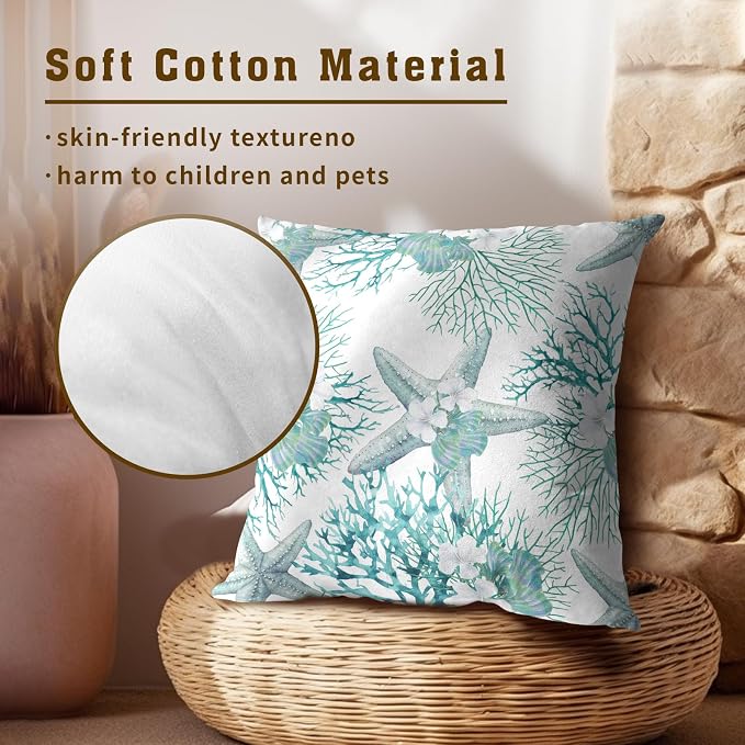 Nautical Coastal Throw Pillow Covers 20x20 Set of 2, Summer Ocean Beach Coral Floral Decorative Pillow Cases Cotton Cushion Cover for Home Sofa Couch Wedding Anniversary Decor