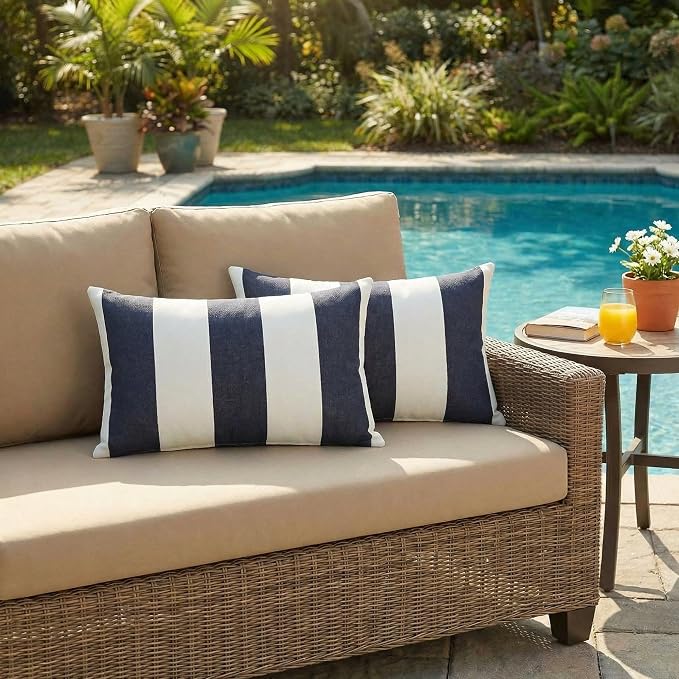 RSH DECOR: Sunbrella Lumbar Throw Pillows Set of 2 | 20" x 12" | Water & Fade-Resistant | Outdoor Pillow Covers with Down-Alternative Inserts | Made in USA (Cabana Midnight Navy Stripe)
