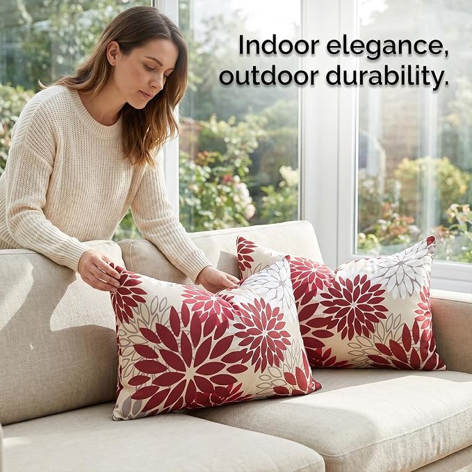 Outdoor Waterproof Pillow Covers Set of 2 Dahlia Decorative Throw Pillow Covers 12x20 Inch Waterproof Cushion Cover Red and Pink Square Pillowcases for Living Room Patio Garden Couch Bench